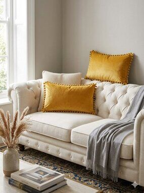 Topfinel Set of 2 Mustard Yellow Velvet Pillow Covers Pom Pom 19x12